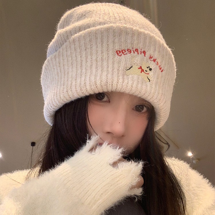 韩版ins可爱刺绣针织毛线帽女加厚保暖秋冬新款显脸小包头帽白色