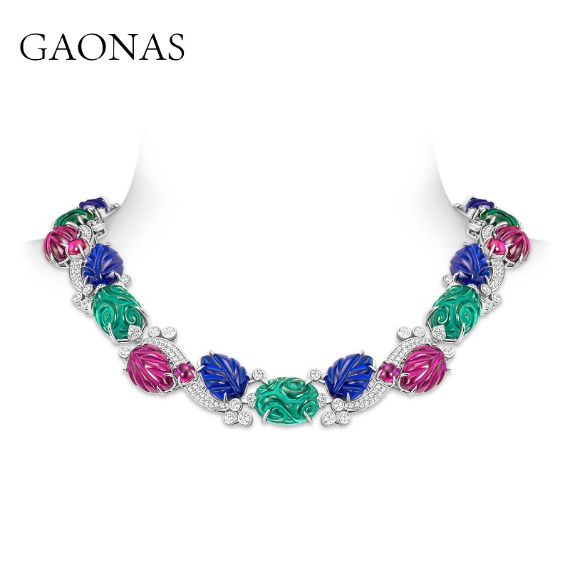 GAONAS 链子925银合成锆石 水果锦囊蓝粉轻奢项链10109XG