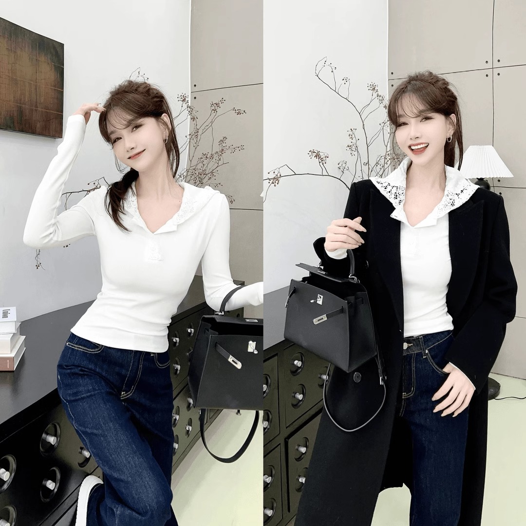 2025秋冬打底衫内搭韩版简约洋气刺绣蕾丝百搭连帽衫单穿上衣高端