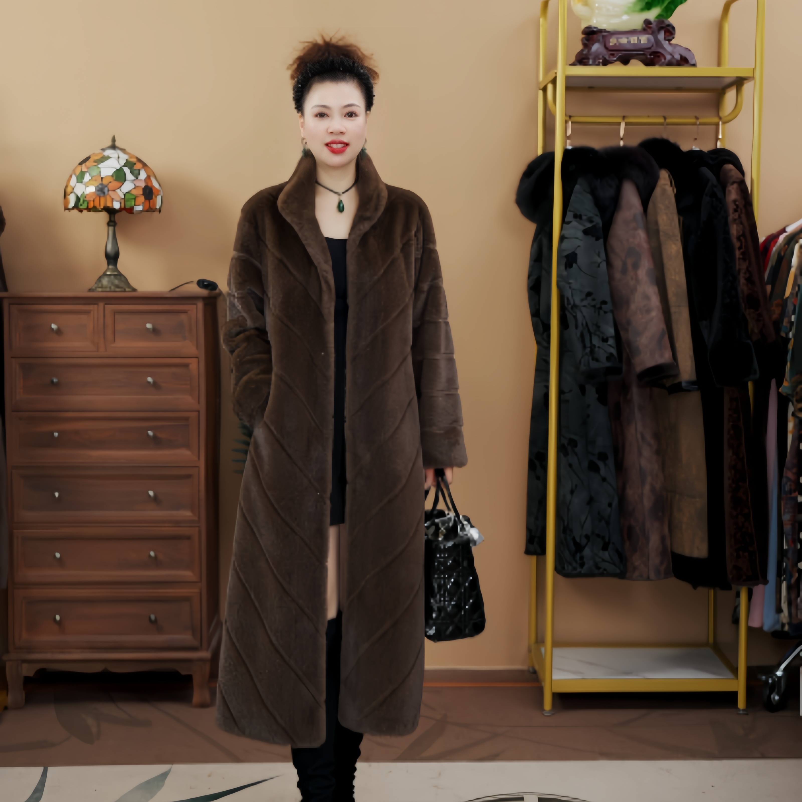 【月莲轻奢】8503 新中式冬季女款皮毛一体压花保暖百搭女潮外套