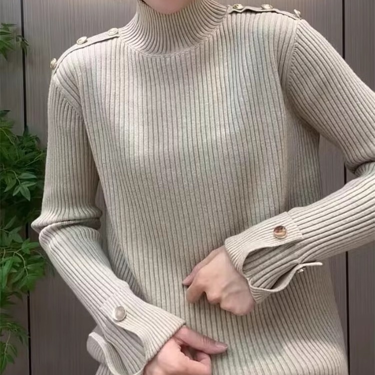 秋冬肩扣设计感纽扣半高领长袖韩版宽松显瘦套头毛衣针织衫上衣潮
