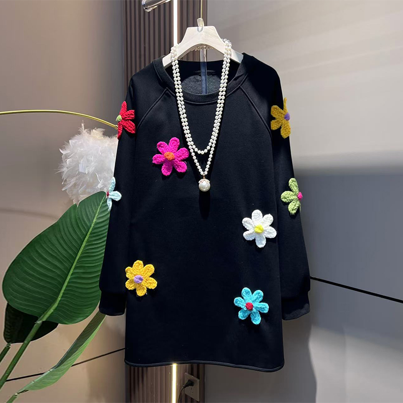 胖MM大码加绒加厚立体花朵时尚甜美减龄2025秋冬新款圆领长袖卫衣