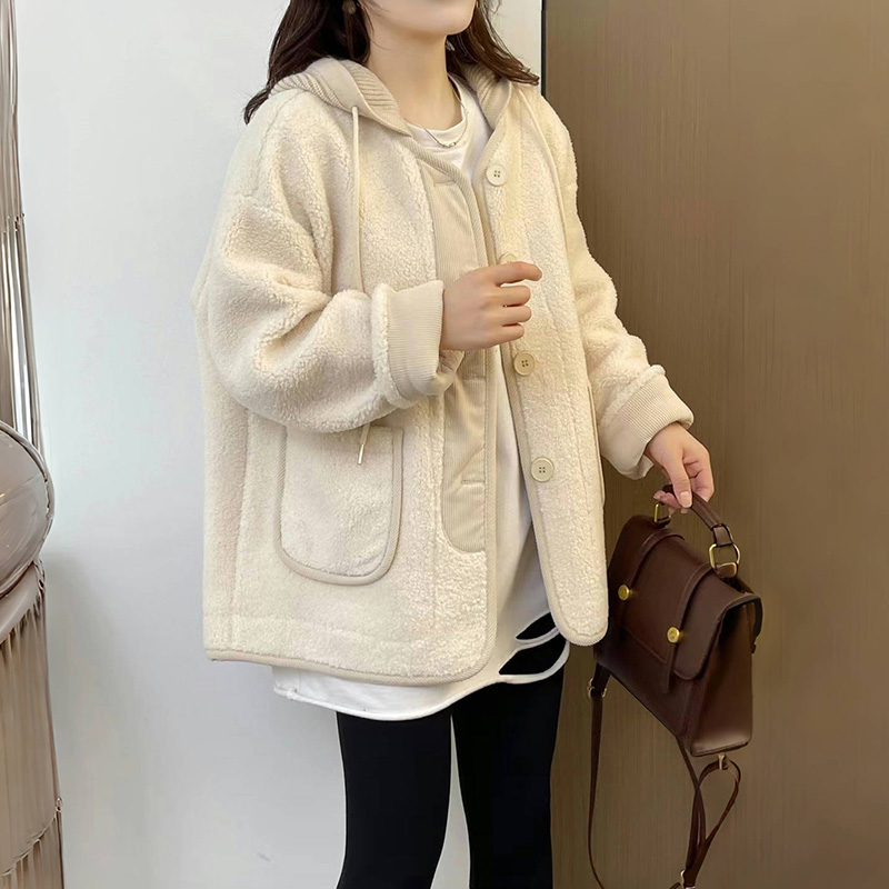 2025秋冬新款韩版连帽颗粒绒外套女加厚皮毛一体保暖休闲上衣网红