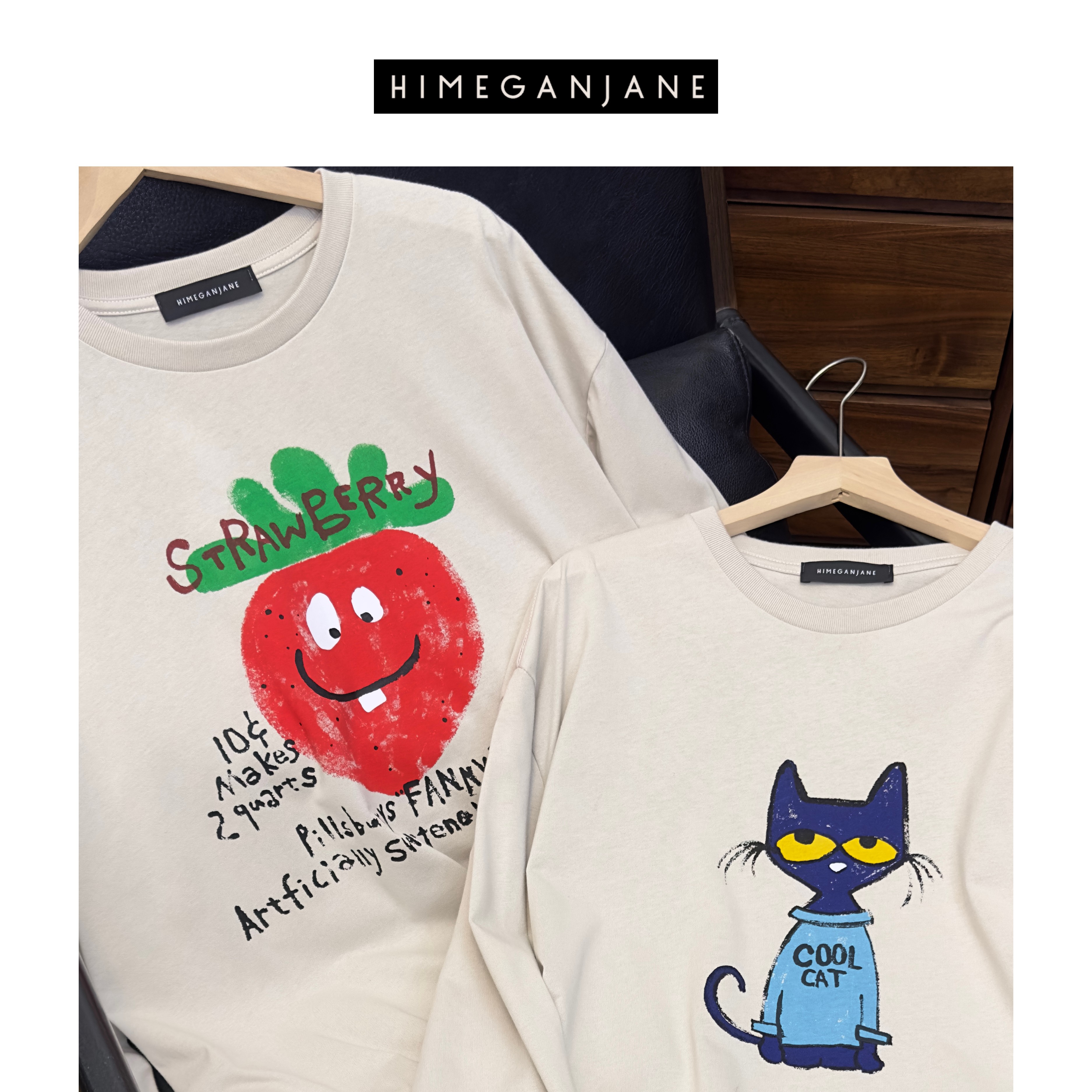 HIMEGANJANE日系手绘风草莓与猫定染40s精梳纱线慵懒长袖T恤4118