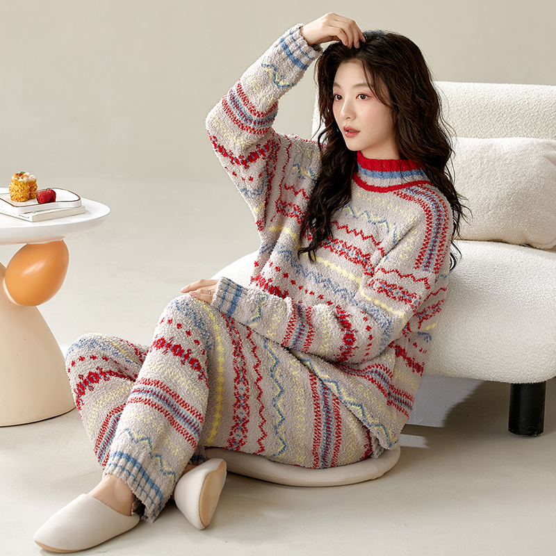 半边绒睡衣秋冬款女冬季加厚保暖2024新款高级感轻奢风家居服套装