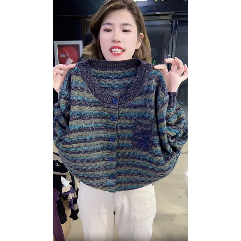 高级感圆领开衫女2024春秋新款设计条纹拼色宽松显瘦针织毛衣外套