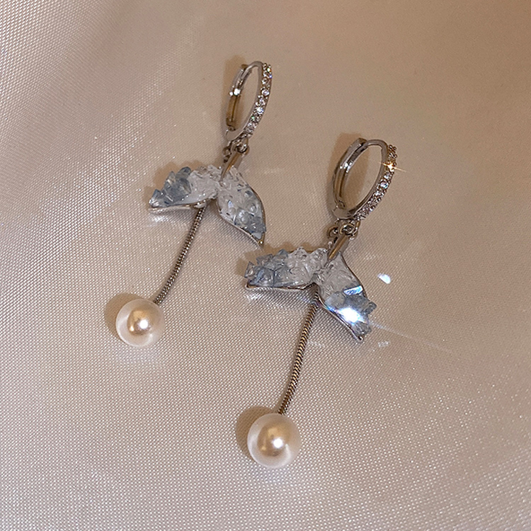 铜合金耳饰 渐变蓝色鱼尾珠珠耳环长款流苏耳扣小众高级感耳饰女