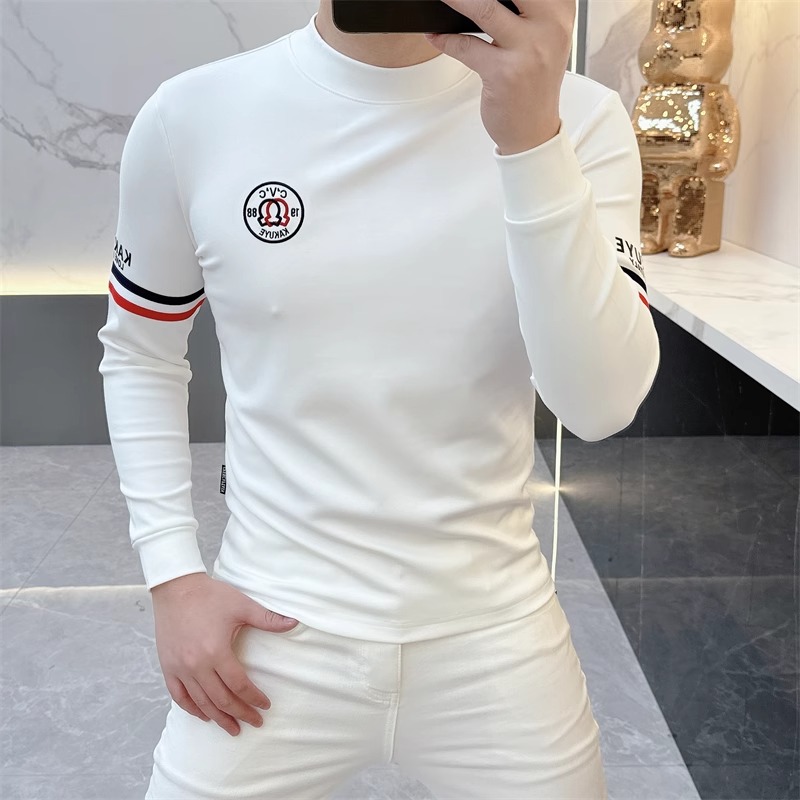 男士打底衫2025秋冬新款加绒个性徽章时尚修身弹力半高领长袖T恤