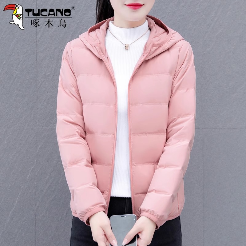 【官方正品】啄木鳥轻薄款白鸭绒外套女2025冬装新款连帽宽松羽绒服