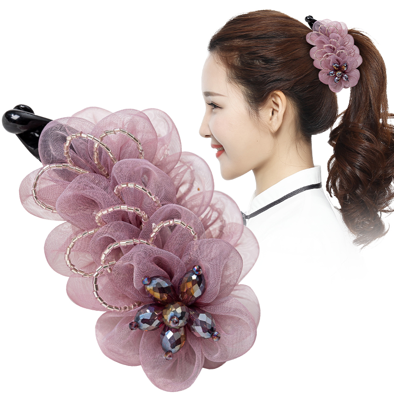 韩国花朵竖夹大号扭夹盘发马尾发卡欧根纱香蕉夹防滑竖卡头饰顶夹
