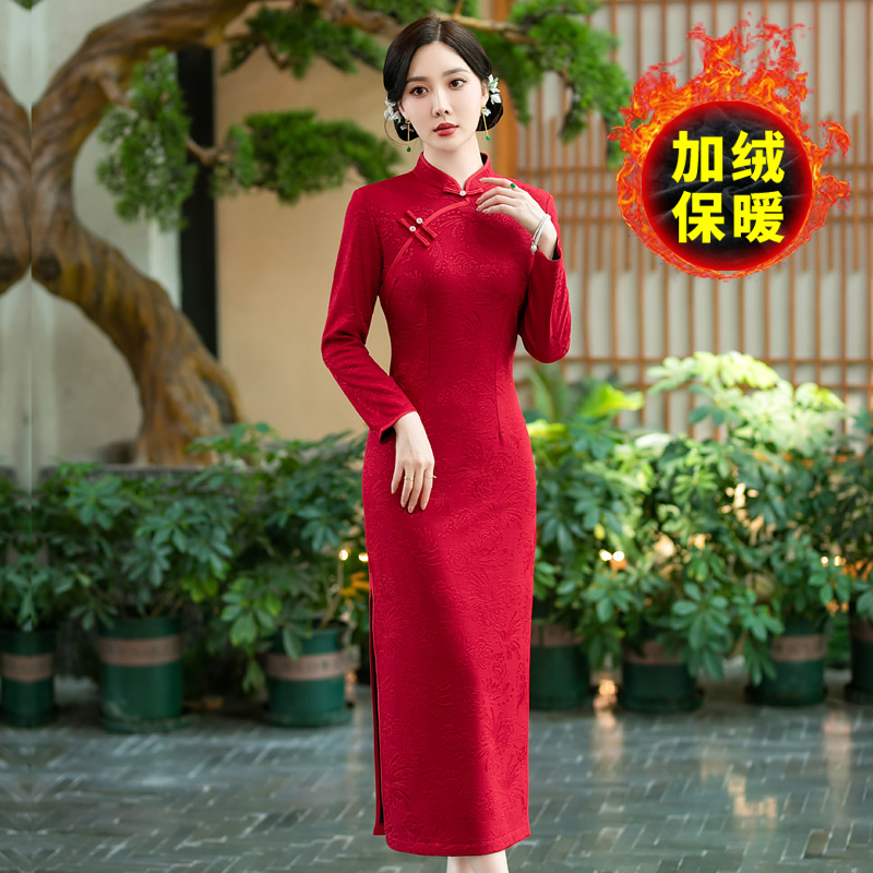 复古改良旗袍加绒加厚时尚旗袍喜婆婆秋冬款显瘦中国风喜庆妈妈装