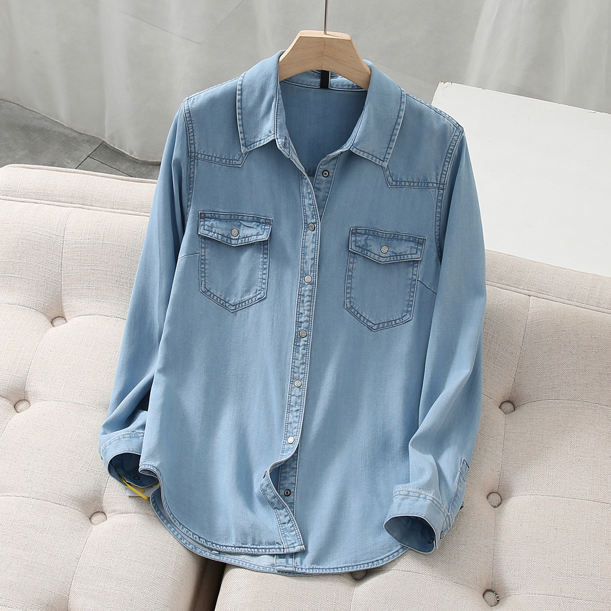 天丝牛仔衬衫女春秋新款修身显瘦叠穿外穿内搭长袖衬衣外套