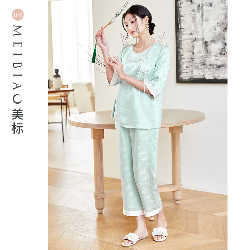 美标国风睡衣提花桑波缎汉元素时尚休闲宽松套装桑蚕丝春夏100081