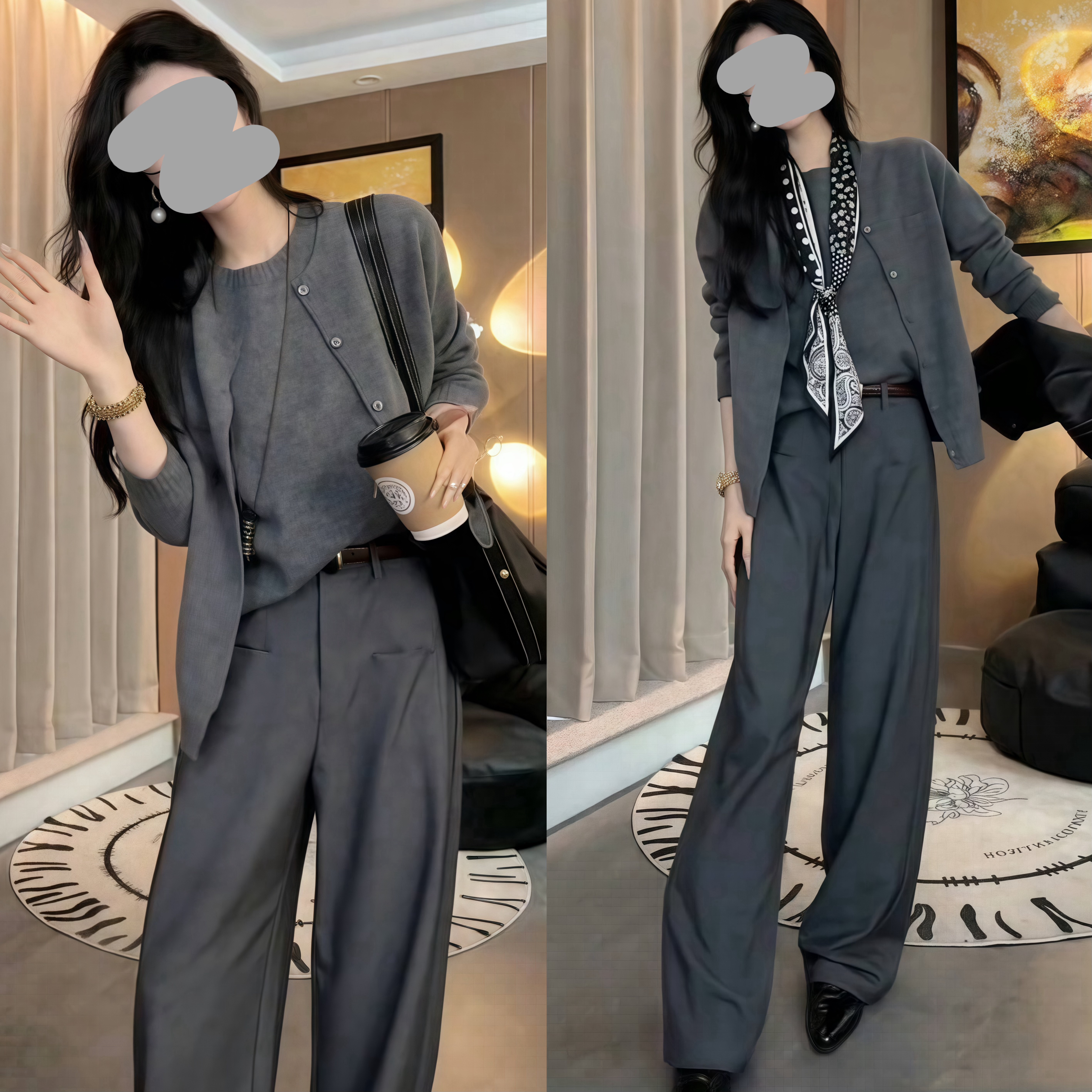 2025秋冬宽松显瘦针织开衫外套简约背心百搭时尚直筒裤休闲三件套