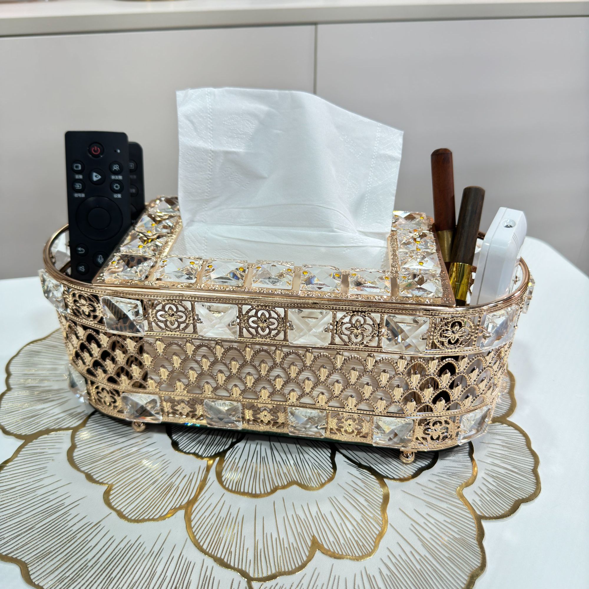 轻奢水晶玻璃多功能纸巾盒客厅茶几遥控器收纳盒北欧家用抽纸盒