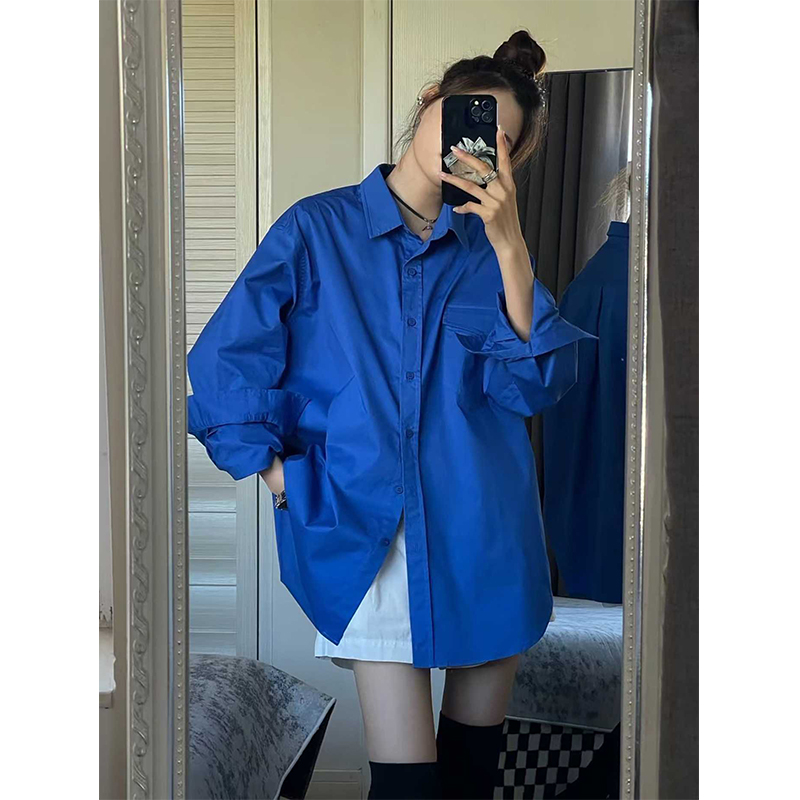 美式复古克莱因蓝休闲长袖衬衫女2024秋冬宽松高级感叠穿气质上衣