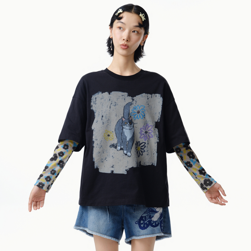 MOVEUP幻走2025春季新款.FUN圆领印花假两件设计短款T恤325110515