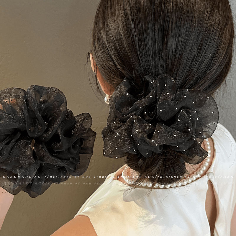 韩版点钻百搭大肠发圈黑色气质复古简约网纱纯色优雅法式超仙头绳