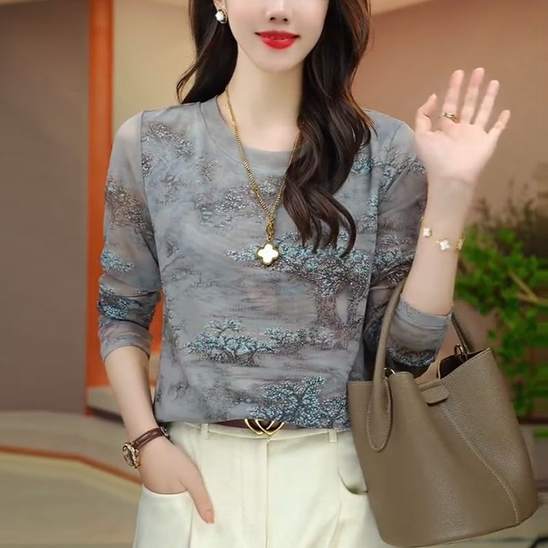 钻网纱印花长袖打底衫2025新款洋气减龄T恤女别致漂亮上衣9027#