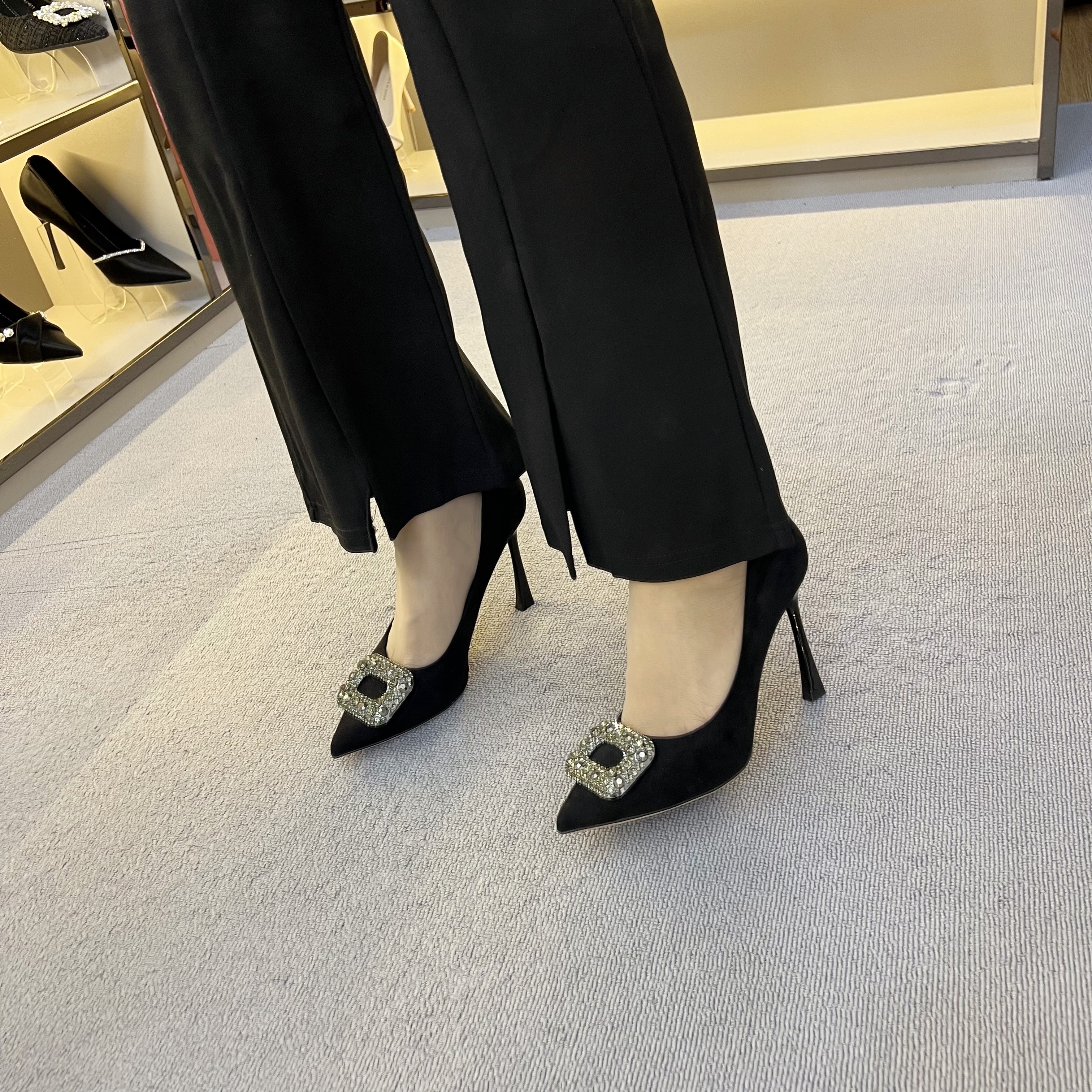 7-10公分秋季新款黑色绒面高跟女鞋方形水钻百搭时尚浅口高跟鞋