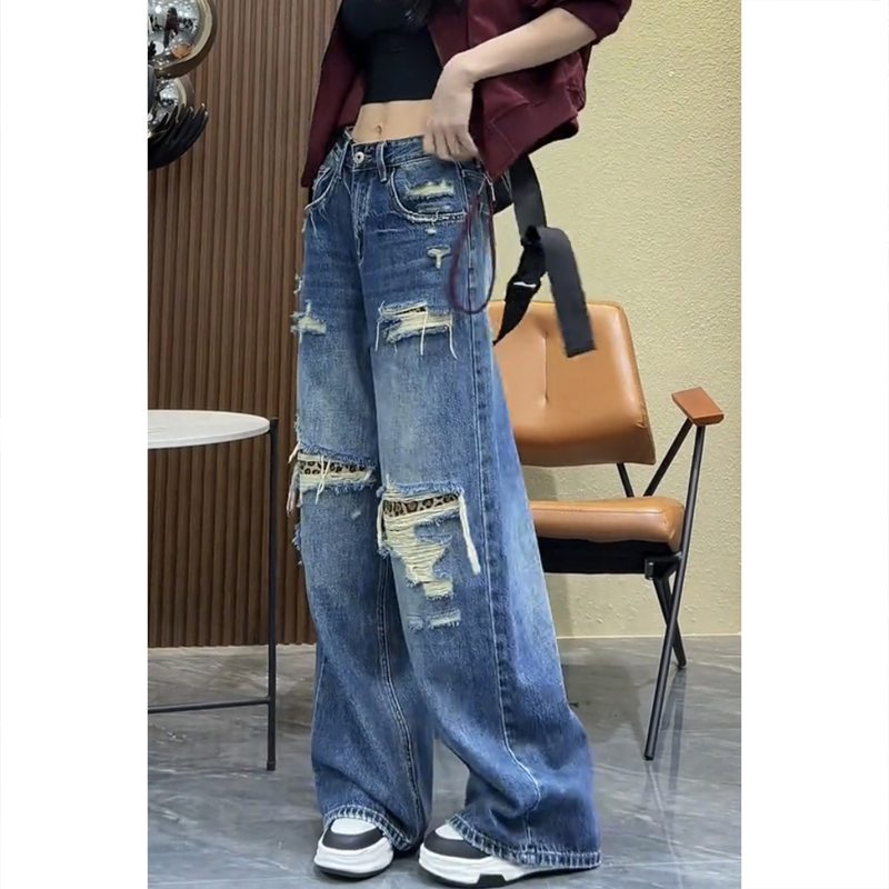 艾塔莉破洞牛仔裤子女2025秋冬新款梨形身材阔腿裤胖mm大码弯刀裤