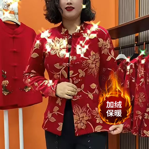 新款宽松显瘦中老年保暖衣2025冬季气质减龄百搭金花加绒加厚衬衫