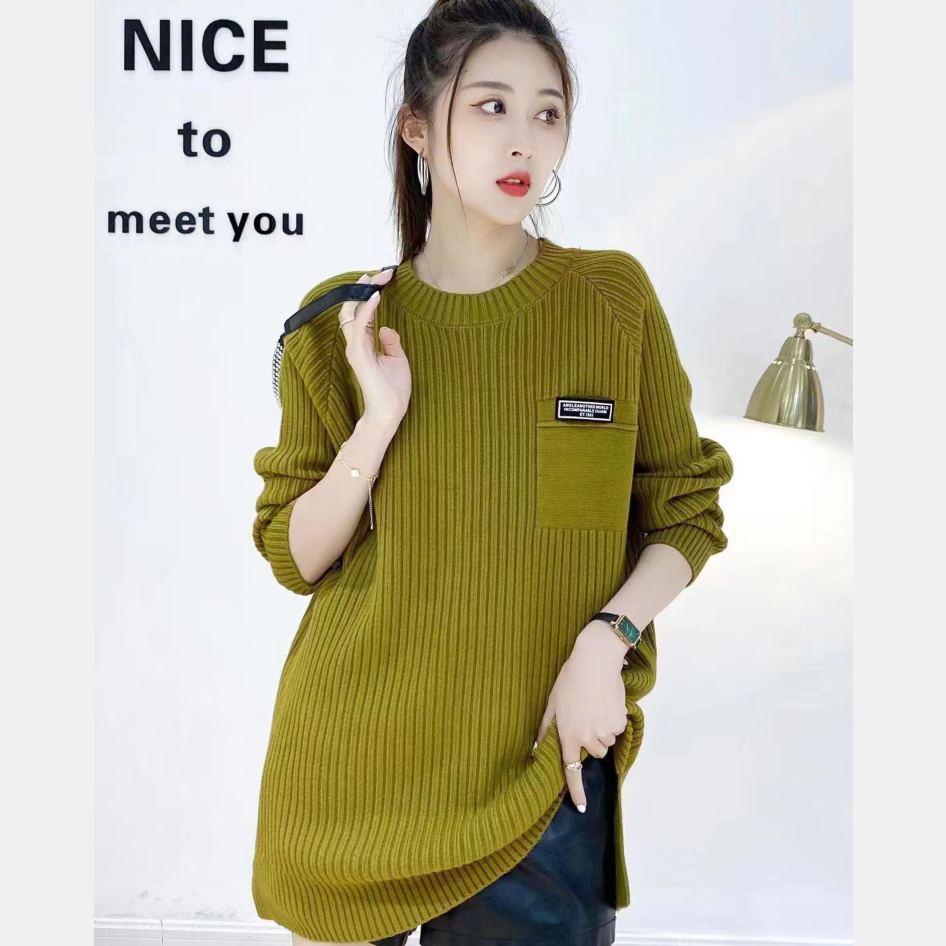 欧货毛衣女秋冬新款纯色中长款打底衫保暖加厚宽松圆领百搭针织衫