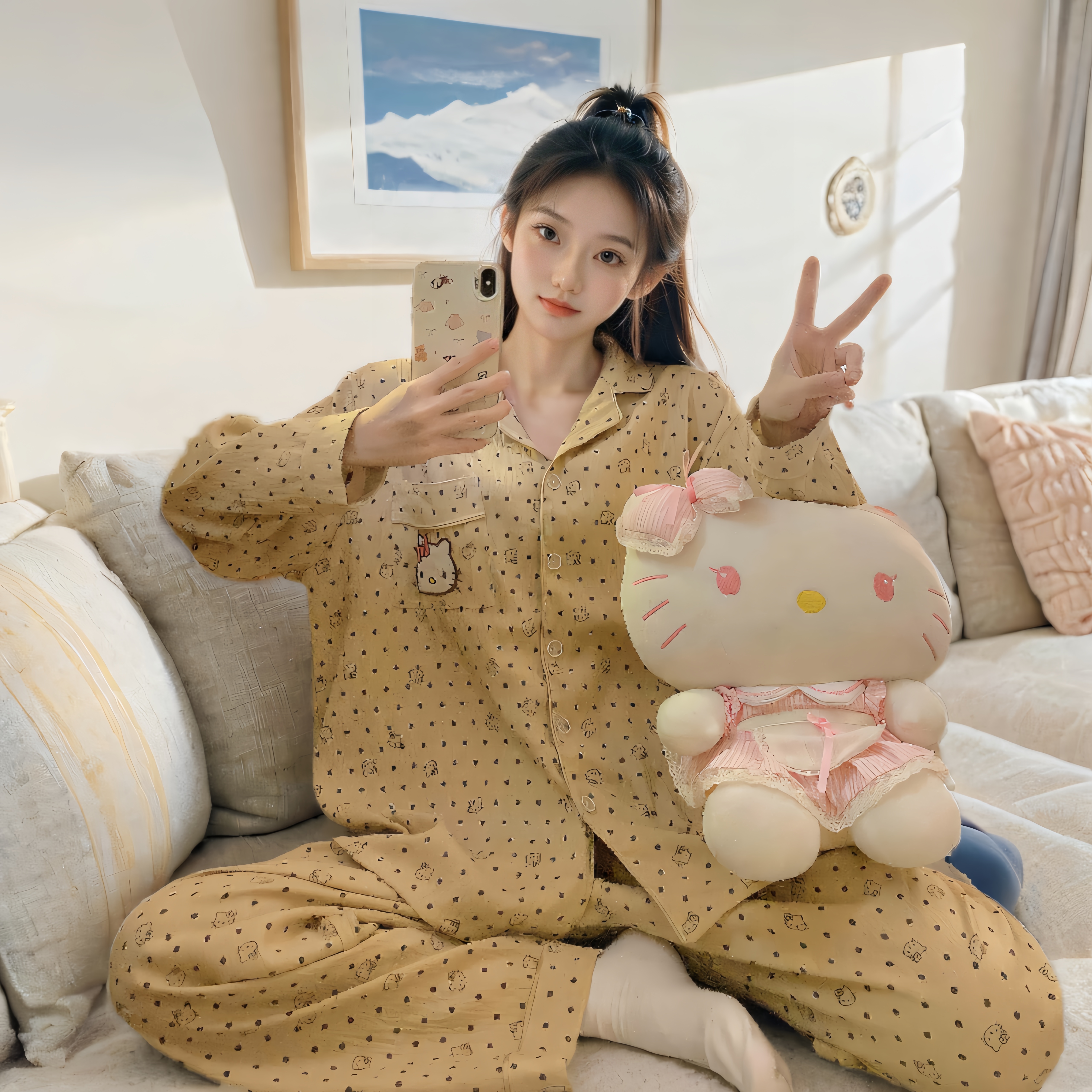 艾唯绅睡衣女秋季2024新款长袖云朵棉宽松甜美胖家居服大码套装