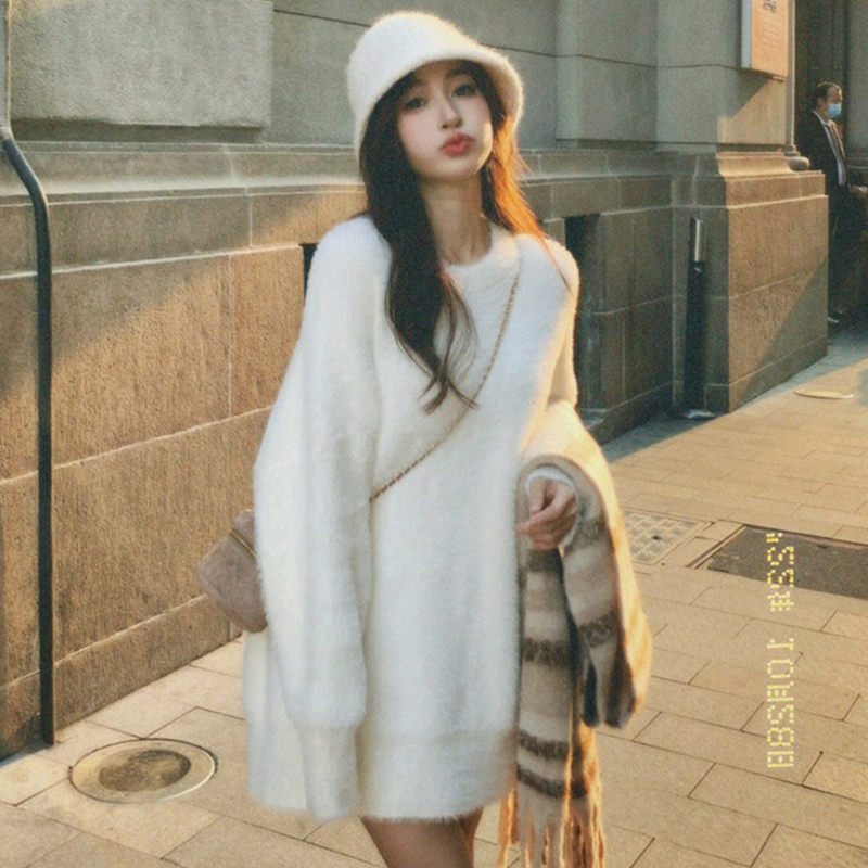 水貂绒套头软糯糯毛衣女秋冬慵懒风中长款加厚针织衫宽松外穿上衣