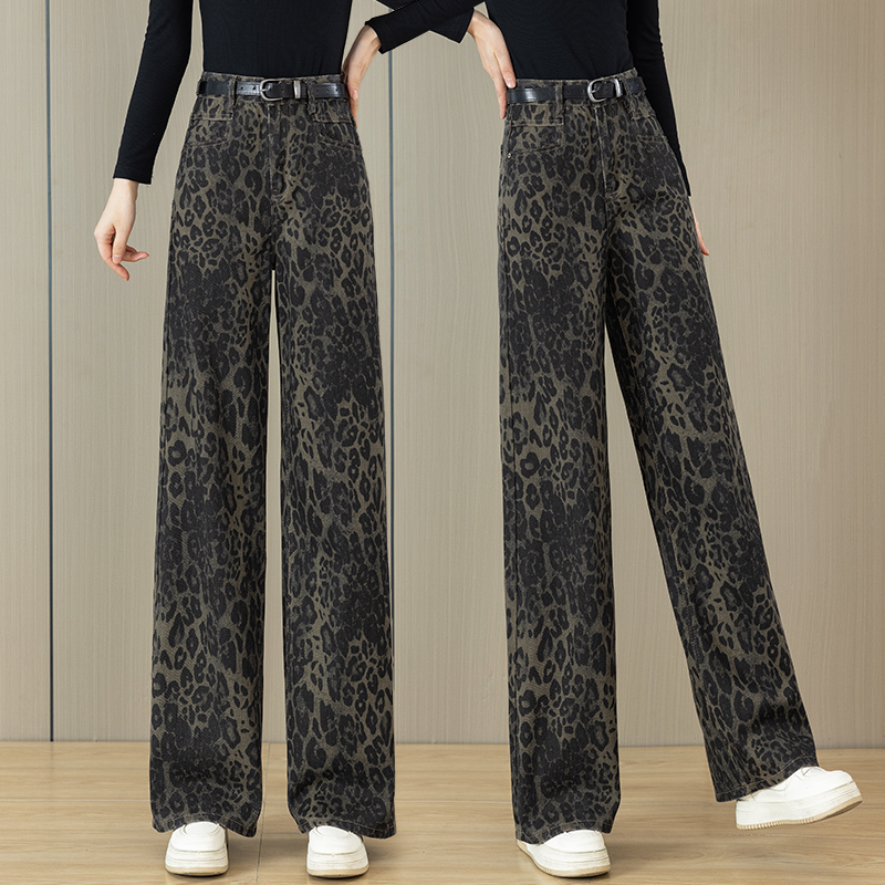 豹纹阔腿牛仔裤女秋冬季2024年新款高腰宽松美式复古窄版直筒裤子