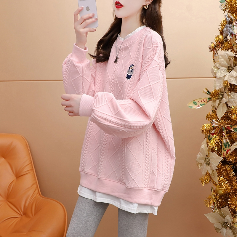 粉色假两件卫衣女2025新款宽松休闲网红中长款设计感春秋薄款上衣