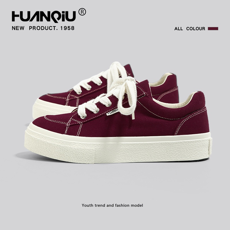 环球酒红色帆布鞋男款2025秋季新款厚底低帮休闲运动学生男板鞋子