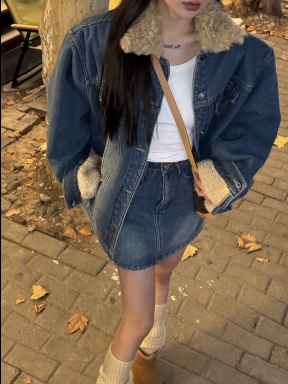 两件套2024冬新款设计感水洗复古宽松显瘦加绒牛仔外套牛仔半身裙