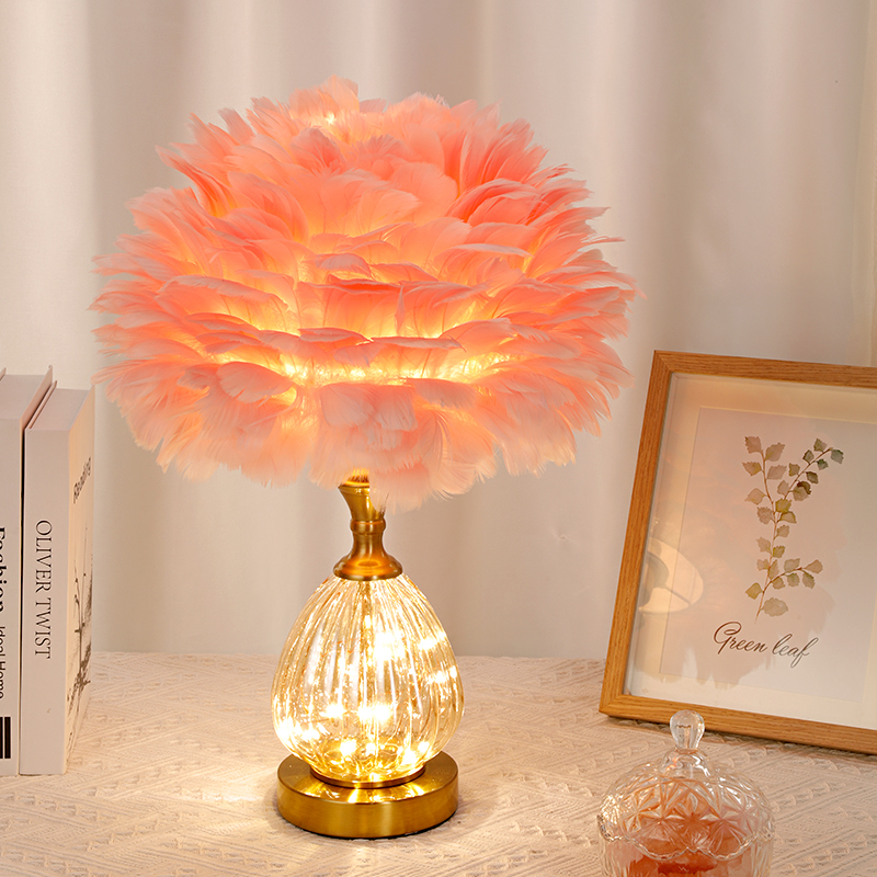 网红卧室羽毛房间浪漫温馨爆款简约高档卧室台灯卧室床头灯