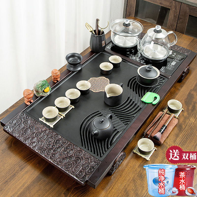 窑天下茶具套装全自动整套家用现代陶瓷简约一体实木茶盘石茶台海