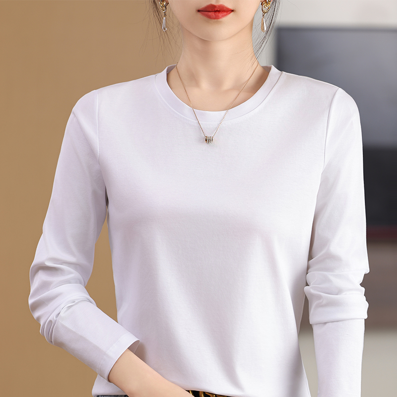 高端面料丝光纯棉长袖春秋内搭白色T恤圆领宽松打底秋衣纯色短款