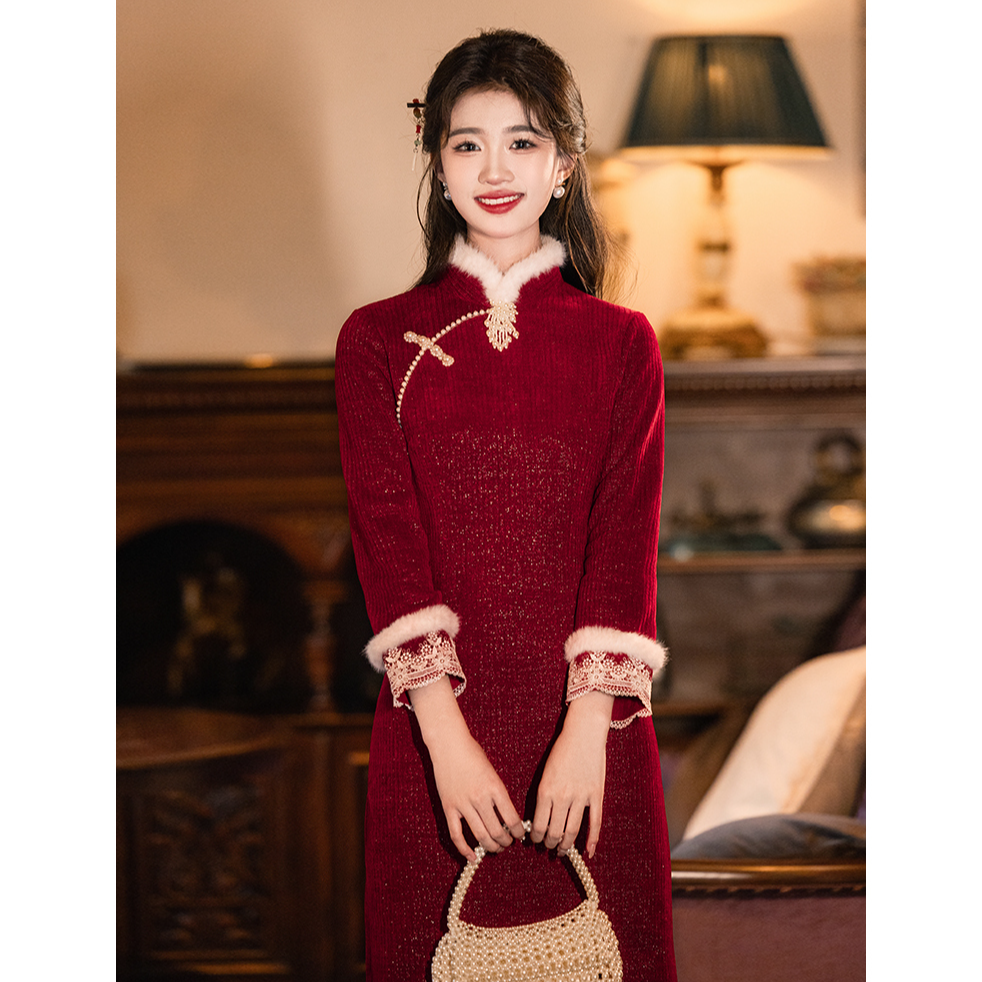 红色旗袍敬酒服新娘秋冬款长袖加厚订婚礼服裙小个子过年拜年服女