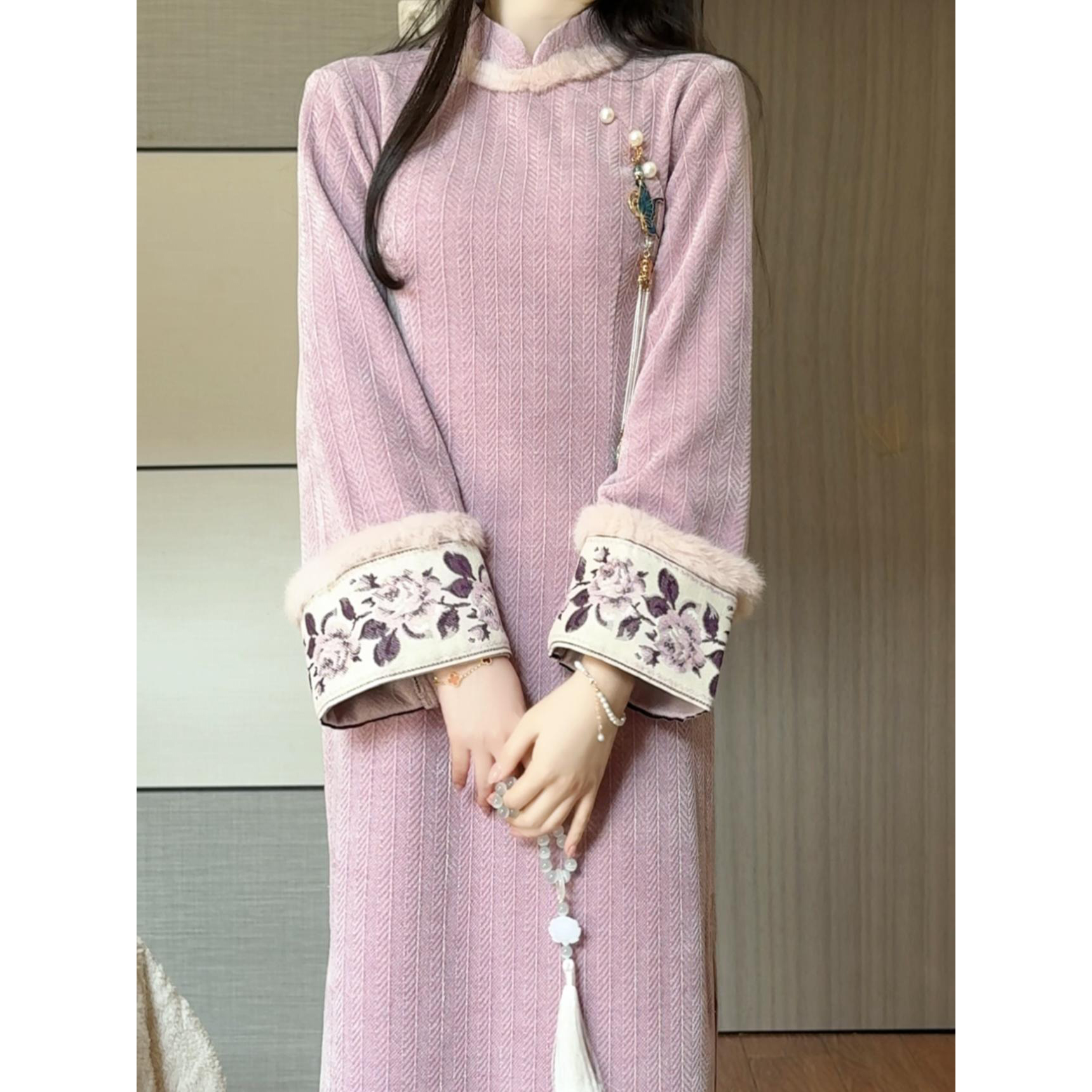 紫色新中式改良复古倒大袖旗袍2025秋冬季新款日常温婉少女连衣裙