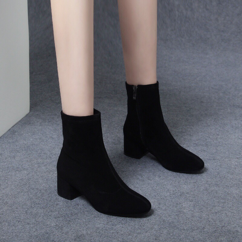 磨砂羊皮短靴女秋冬新款圆头粗跟低中跟明星同款百搭鞋子真皮棉靴