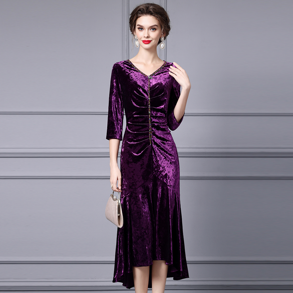 枝荔中老漂亮妈妈连衣裙金丝绒2025年新款秋装高个子燕尾礼服裙子