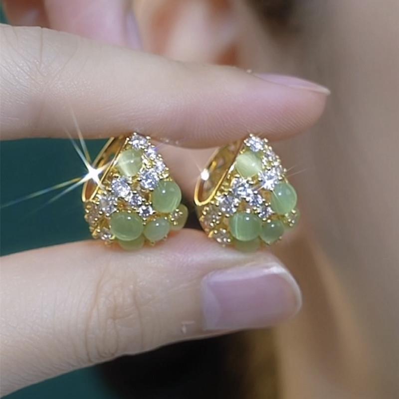 925银耳饰 轻奢高级感绿色猫猫石花篮法式水滴耳扣气质百搭银针耳