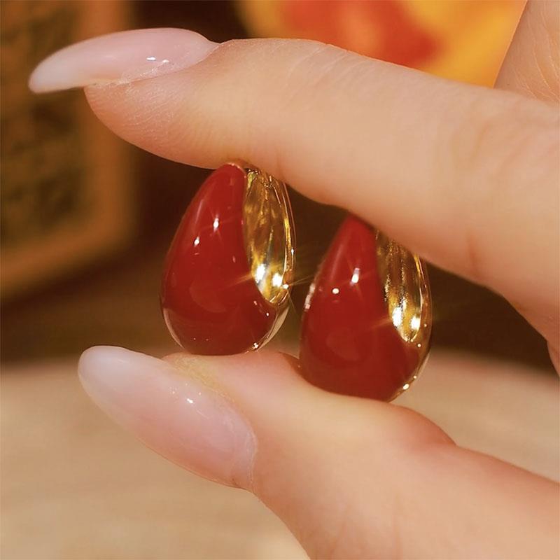 925银耳饰 气质红色滴釉水滴耳扣女小众设计简约百搭耳环轻奢高级