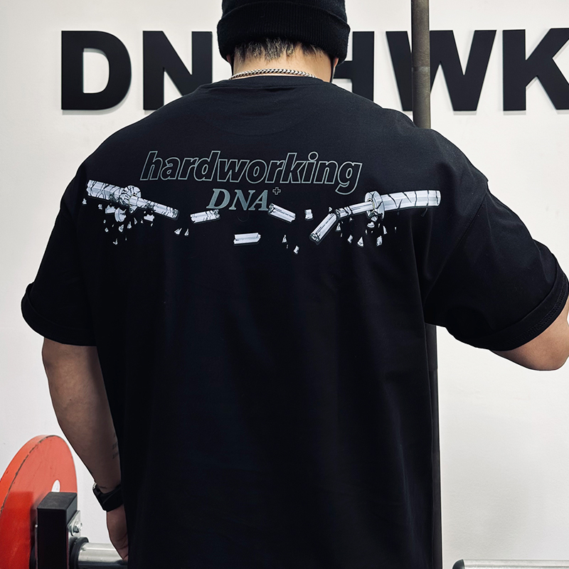 DNAHWK原创粉碎杠铃宽松纯棉250G美式潮流重磅运动休闲潮短袖T恤