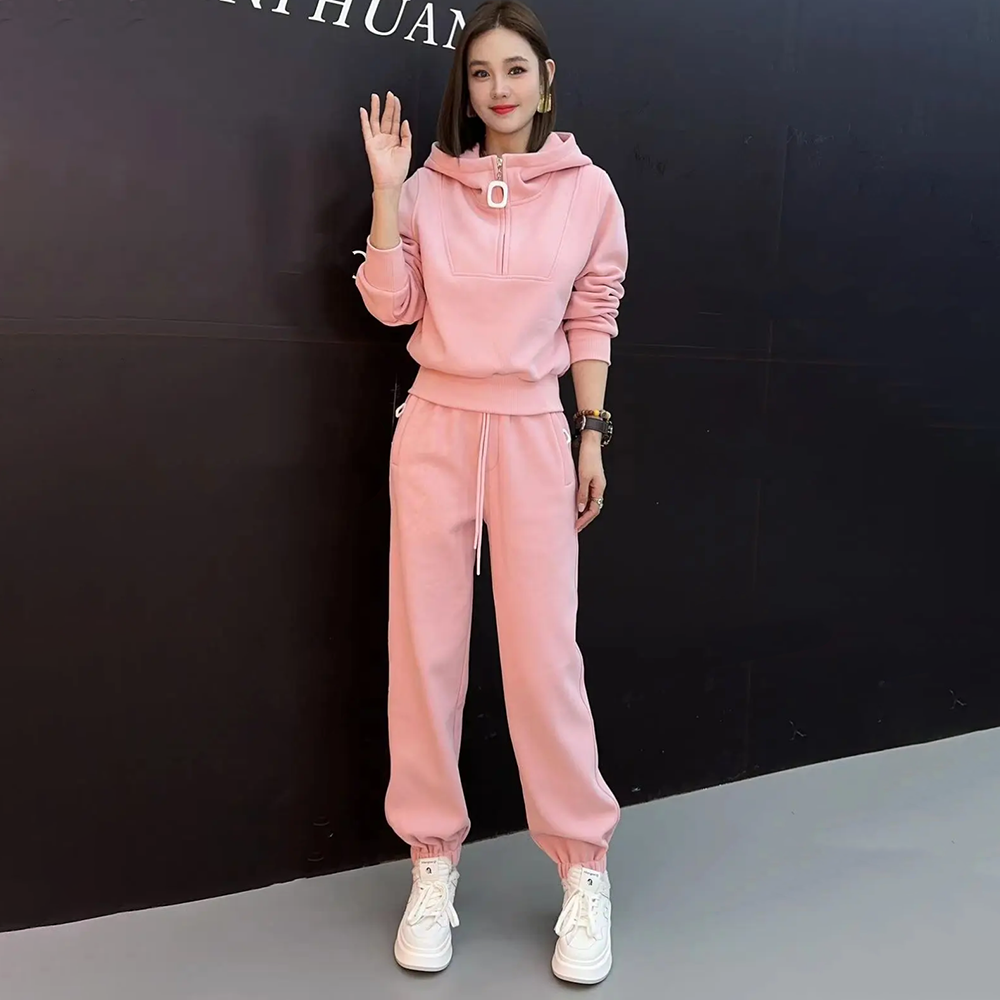 时尚卫裤运动套装女卫衣连帽粉色秋季2024年欧洲站两件套休闲新款