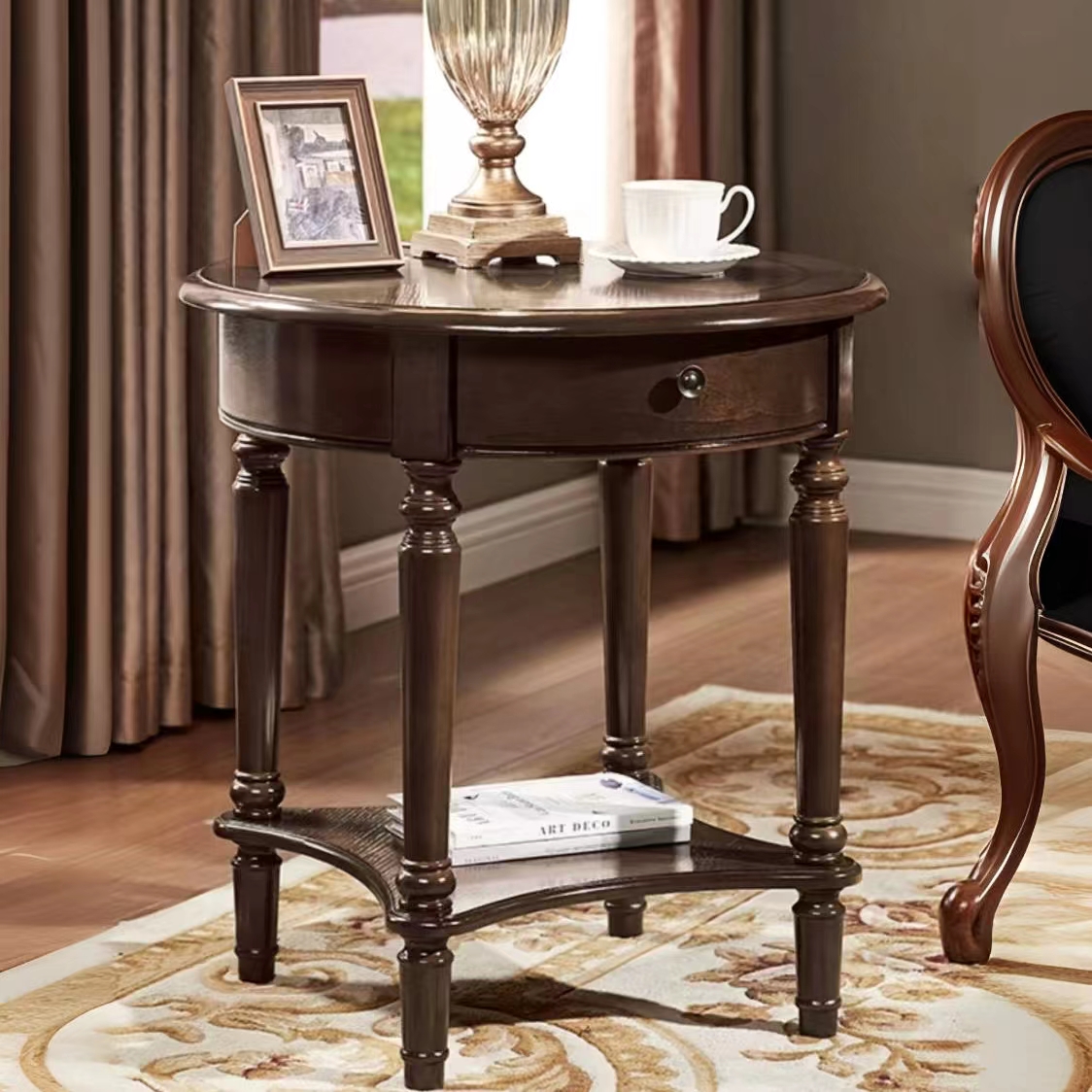 美式复古小茶桌可移动中古风圆形阳台咖啡桌子实木角机沙发边几