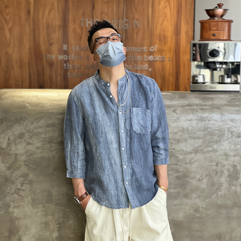 夏季透气宽松老钱立领衬衣薄款百搭7分袖纯亚麻男士衬衫品质男装
