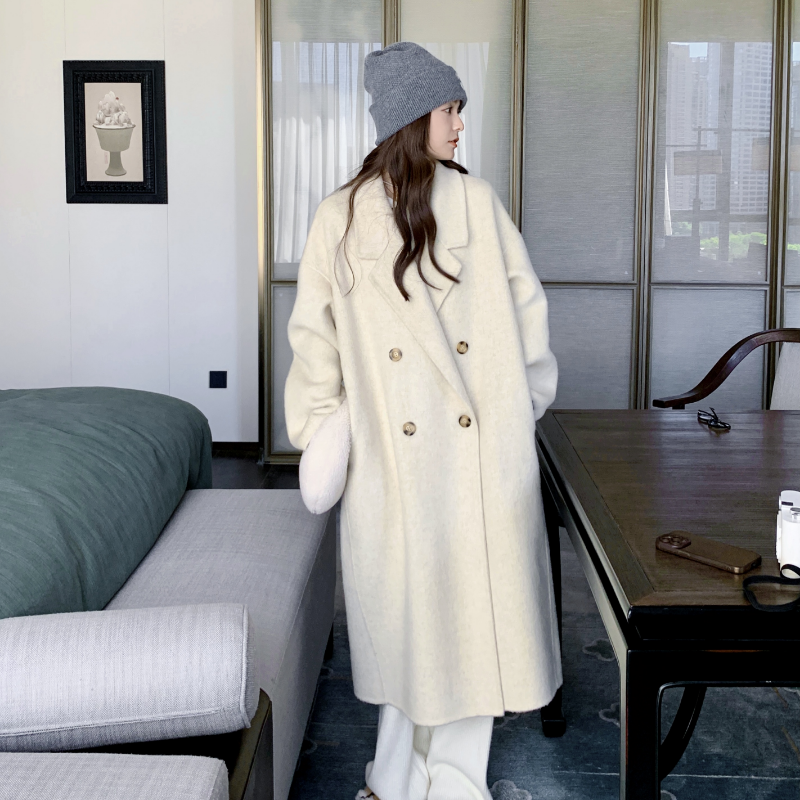 米白色双面羊毛大衣女2025秋冬新款韩系温柔高级感中长款毛呢外套