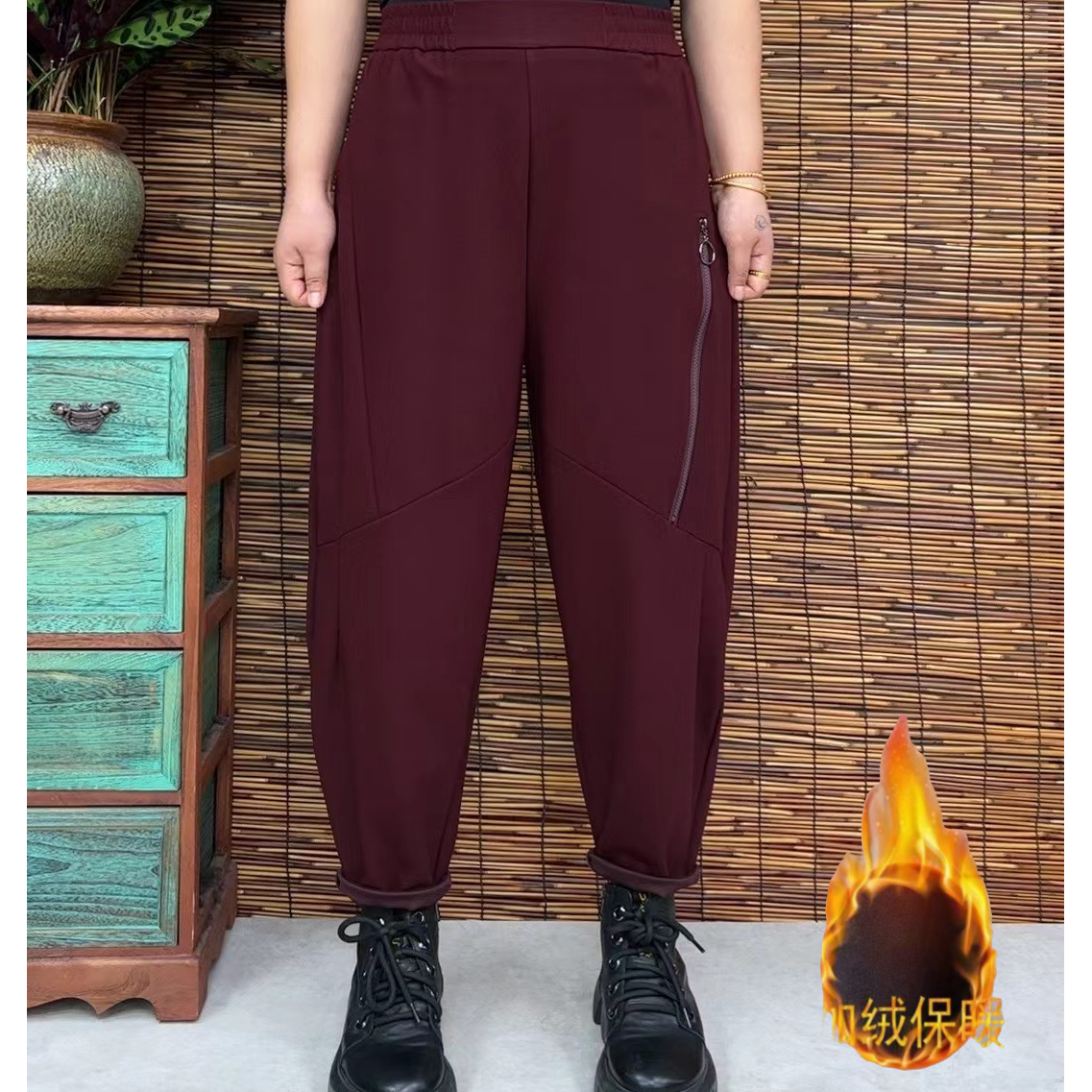 秋冬新款时尚休闲百搭宽松加绒加厚小脚显瘦拉链哈伦裤