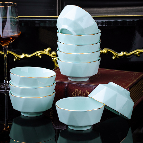 影青钻石5英寸饭碗10个装景德镇家用陶瓷碗盘餐具北欧风防烫吃饭