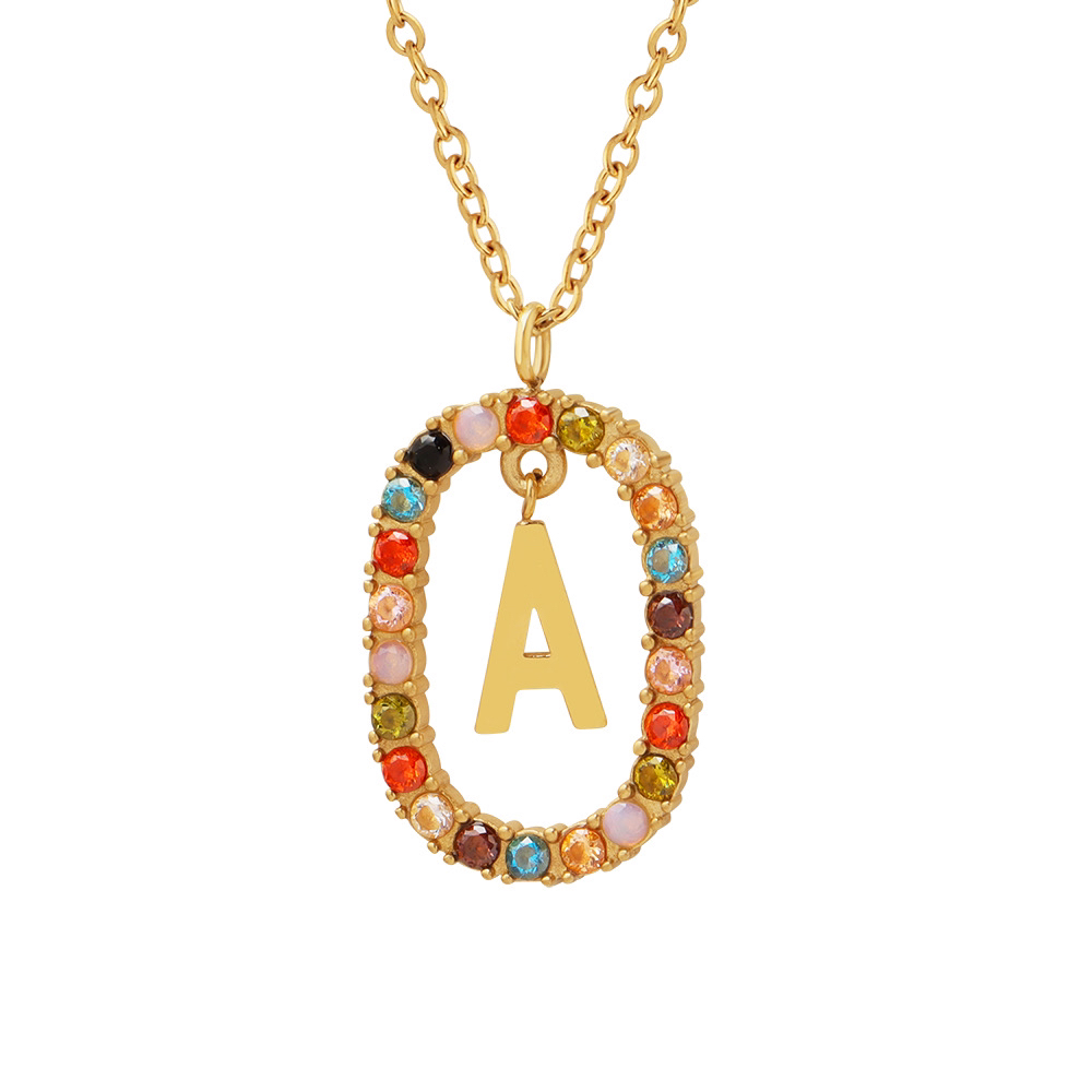 钛钢合成锆石项链 优雅多彩锆石吊坠轻奢小众设计感女士字母项链